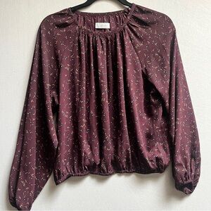 Oak + Fort Floral Print Blouson Long Sleeve Elastic Hem Top Sz XS Burgundy